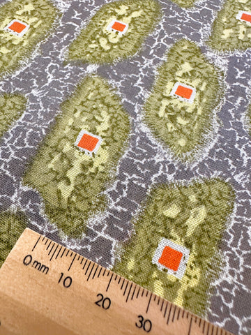 Vintage Fabric 1960s 70s Retro Olive Green Yellow Shapes on Crackled Grey Cotton 86cm Wide