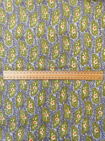Vintage Fabric 1960s 70s Retro Olive Green Yellow Shapes on Crackled Grey Cotton 86cm Wide
