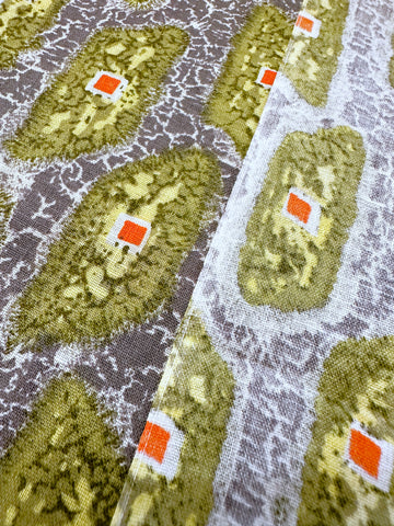Vintage Fabric 1960s 70s Retro Olive Green Yellow Shapes on Crackled Grey Cotton 86cm Wide
