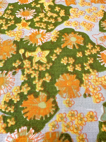 LAST PIECE Vintage Fabric 1960s? Orange Yellow Floral on Green & Grey 78cm x 50cm
