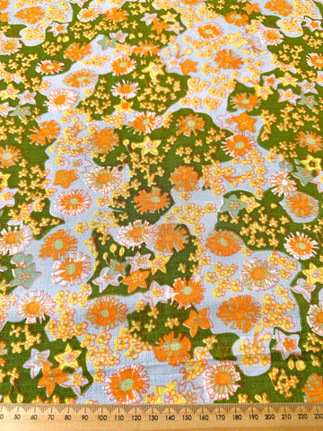 LAST PIECE Vintage Fabric 1960s? Orange Yellow Floral on Green & Grey 78cm x 50cm