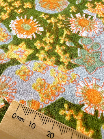 LAST PIECE Vintage Fabric 1960s? Orange Yellow Floral on Green & Grey 78cm x 50cm