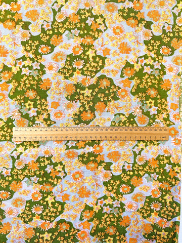 LAST PIECE Vintage Fabric 1960s? Orange Yellow Floral on Green & Grey 78cm x 50cm