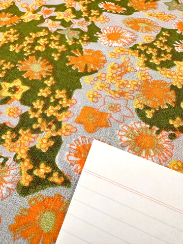 LAST PIECE Vintage Fabric 1960s? Orange Yellow Floral on Green & Grey 78cm x 50cm