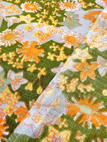 LAST PIECE Vintage Fabric 1960s? Orange Yellow Floral on Green & Grey 78cm x 50cm