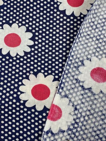 2m LEFT: Vintage Fabric MCM 1950s Dress Cotton w/ Classic Navy Blue Red Flowers & Spots