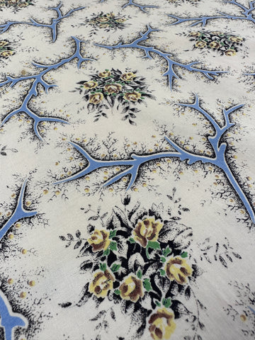 LAST 1/2m: Vintage Fabric MCM 1950s Dress Cotton w/ Twigs & Small Floral on Cream 50cm Wide