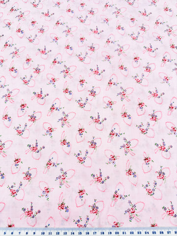 Vintage Fabric 1960s Shabby Small Roses w/ Ribbons on Pink Light Weight Cotton 88cm Wide