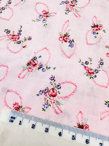 Vintage Fabric 1960s Shabby Small Roses w/ Ribbons on Pink Light Weight Cotton 88cm Wide