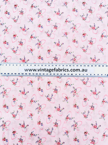 Vintage Fabric 1960s Shabby Small Roses w/ Ribbons on Pink Light Weight Cotton 88cm Wide