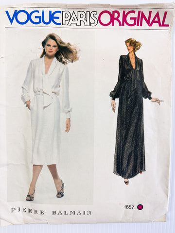 MISSES' DRESS: Vogue Paris Original Pierre Balmain c. 1980 Some Pieces Cut Sz 12 *1857