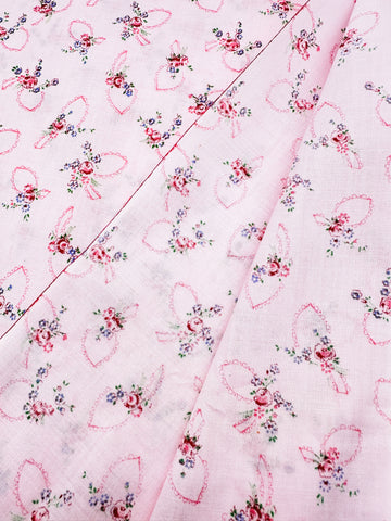 Vintage Fabric 1960s Shabby Small Roses w/ Ribbons on Pink Light Weight Cotton 88cm Wide