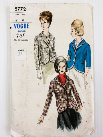 FORMAL OR CASUAL JACKET: Vintage Vogue Sewing Pattern c. 1963 Cut Sz 16 *5772