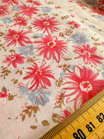 1.5m LEFT: Vintage Fabric Cotton Sheeting 1970s Pink Blue Floral on Pale Pink 200cm Wide