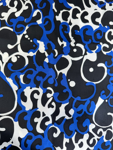 SINGLE FAT QUARTER: Vintage Fabric 1980s? Light Weight Pure Silk in Black, Blue, White 44cm x 50cm