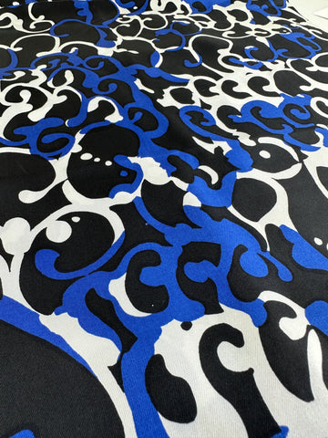 SINGLE FAT QUARTER: Vintage Fabric 1980s? Light Weight Pure Silk in Black, Blue, White 44cm x 50cm