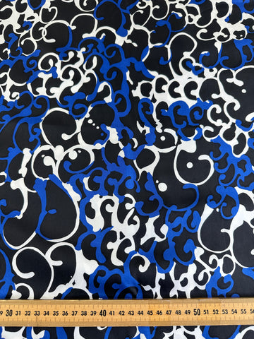 SINGLE FAT QUARTER: Vintage Fabric 1980s? Light Weight Pure Silk in Black, Blue, White 44cm x 50cm