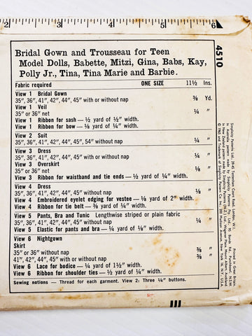 BRIDAL GOWN TROUSSEAU DOLL CLOTHES 11 1/2 INCH BARBIE BABETTE ETC: Simplicity Sewing Pattern 1965 Unused FF *4510