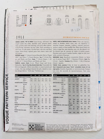 MISSES JACKET, TOP & PANTS: Vogue American Designer Sewing Pattern Donna Karan 1997 Size 8-10-12 *1911