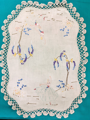 Vintage Hand Worked Large Embroidered Doily Ballerinas Upcycle 48cm x 34cm
