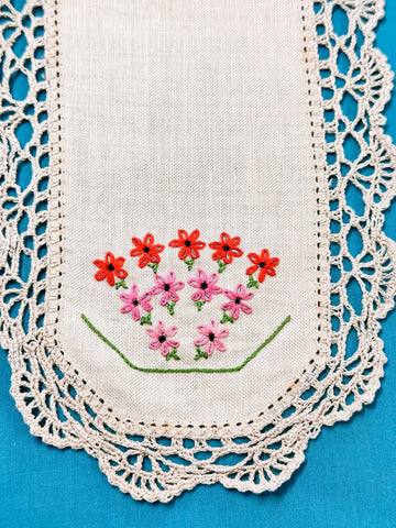 Vintage Hand Worked Embroidered Ecru Doily Rows of Small Flowers 31.5cm x 15cm