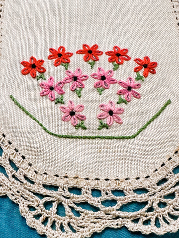 Vintage Hand Worked Embroidered Ecru Doily Rows of Small Flowers 31.5cm x 15cm