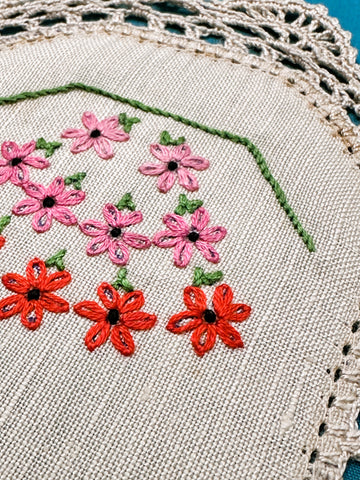 Vintage Hand Worked Embroidered Ecru Doily Rows of Small Flowers 31.5cm x 15cm