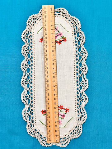 Vintage Hand Worked Embroidered Ecru Doily Rows of Small Flowers 31.5cm x 15cm