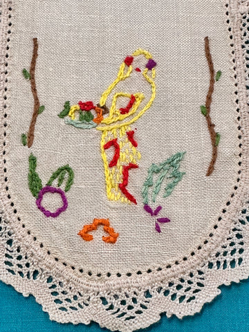 Vintage Hand Worked Embroidered Doily Yellow Parrot & Flowers w/ Crocheted Edge 27.5cm x 12cm