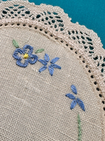 Vintage Hand Worked Embroidered Doily Yellow Parrot & Flowers w/ Crocheted Edge 27.5cm x 12cm