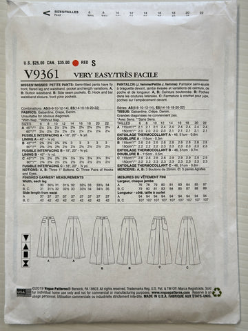 MISSES' PETITE PANTS: Very Easy Vogue Sewing Pattern 2019 Size 14-22 FF Uncut *V9361