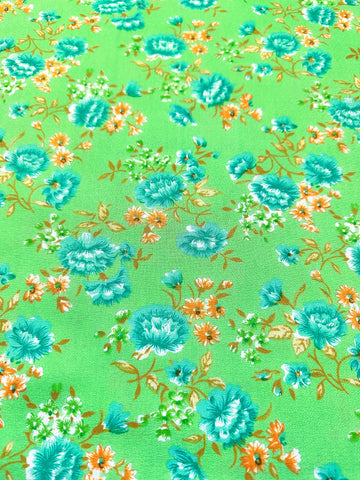 REMNANT Vintage Fabric 1970s Pretty Bright Floral on Lime Green Cotton Crepe Texture 43cm x 37cm