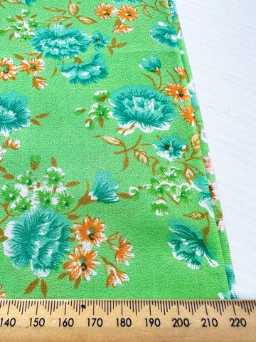 REMNANT Vintage Fabric 1970s Pretty Bright Floral on Lime Green Cotton Crepe Texture 43cm x 37cm