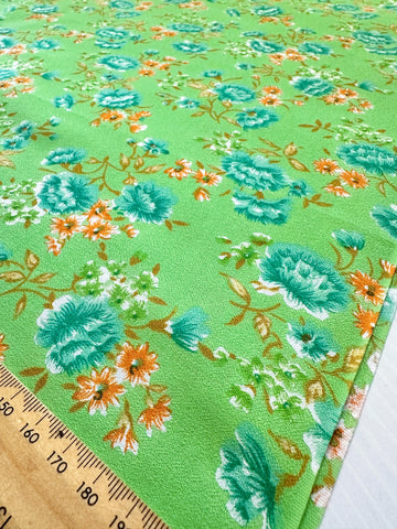 REMNANT Vintage Fabric 1970s Pretty Bright Floral on Lime Green Cotton Crepe Texture 43cm x 37cm