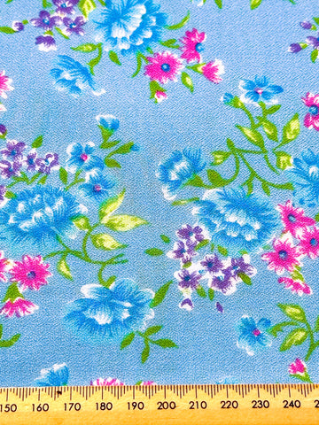REMNANT Vintage Fabric 1970s Pretty Bright Floral on Sky Blue Cotton Crepe Texture 43cm x 38cm