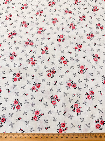 Vintage Fabric 1970s 80s Light Weight Cotton Off-White Base w/ Small Pink Flowers Black Leaves 90cm Wide