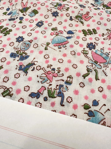 Vintage Fabric 1950s Delightful Novelty Print Nursery Rhymes Cotton 85cm Wide