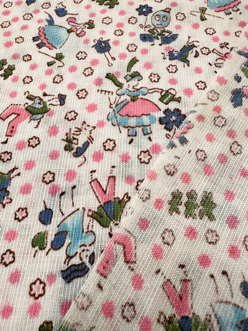 Vintage Fabric 1950s Delightful Novelty Print Nursery Rhymes Cotton 85cm Wide