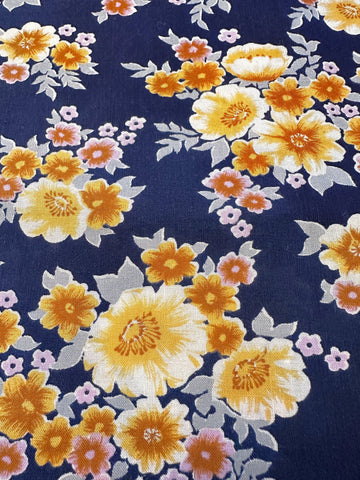 REMNANT Vintage Fabric 1970s Light Weight Cotton Navy Blue Base w/ Floral 43cm x 46cm