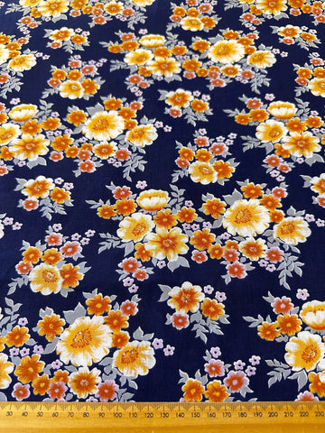 REMNANT Vintage Fabric 1970s Light Weight Cotton Navy Blue Base w/ Floral 43cm x 46cm