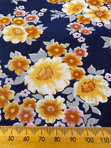 REMNANT Vintage Fabric 1970s Light Weight Cotton Navy Blue Base w/ Floral 43cm x 46cm