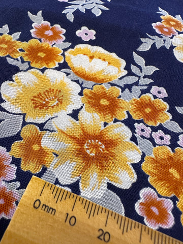 REMNANT Vintage Fabric 1970s Light Weight Cotton Navy Blue Base w/ Floral 43cm x 46cm