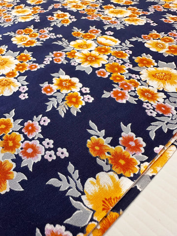 REMNANT Vintage Fabric 1970s Light Weight Cotton Navy Blue Base w/ Floral 43cm x 46cm
