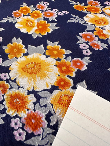 REMNANT Vintage Fabric 1970s Light Weight Cotton Navy Blue Base w/ Floral 43cm x 46cm