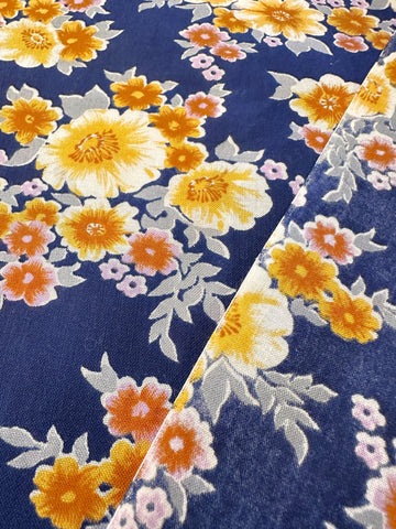 REMNANT Vintage Fabric 1970s Light Weight Cotton Navy Blue Base w/ Floral 43cm x 46cm