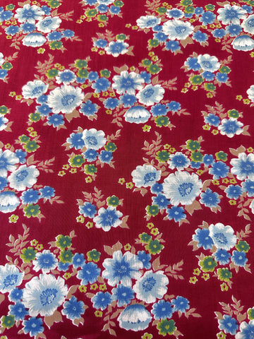 REMNANT Vintage Fabric 1970s Light Weight Cotton Maroon Red Base w/ Floral 43cm x 46cm