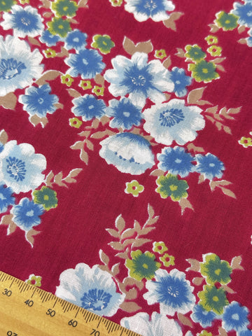 Vintage Fabric 1970s Light Weight Cotton Maroon Red Base w/ Floral 88cm Wide