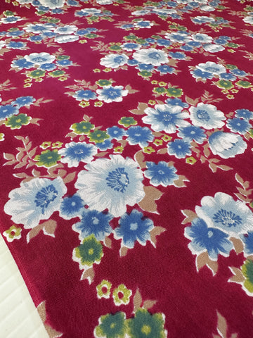 Vintage Fabric 1970s Light Weight Cotton Maroon Red Base w/ Floral 88cm Wide
