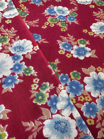 Vintage Fabric 1970s Light Weight Cotton Maroon Red Base w/ Floral 88cm Wide