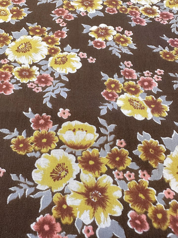 Vintage Fabric 1970s Light Weight Cotton Dark Brown Base w/ Floral 88cm Wide